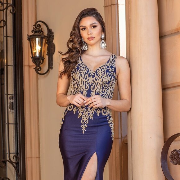 New Formal Floral Lace Embellihsed Mother Of Bride Dress w/ Leg Slit DQ 4325 - Picture 3 of 9